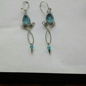 Blue Teardrop & Silver Tone Dangle Earrings